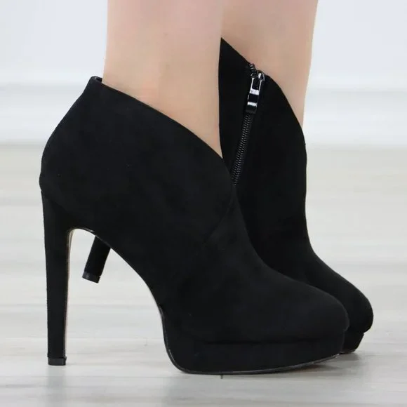 Black High Heel Platform Ankle Boots Stilettos Faux Suede - Picture 4 of 12